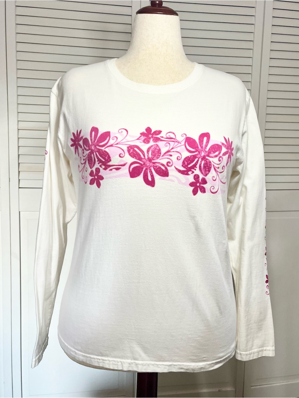 Vintage Y2K Crazy Shirts Hawaii White Long Sleeve Pink Floral Graphic Tee - L
